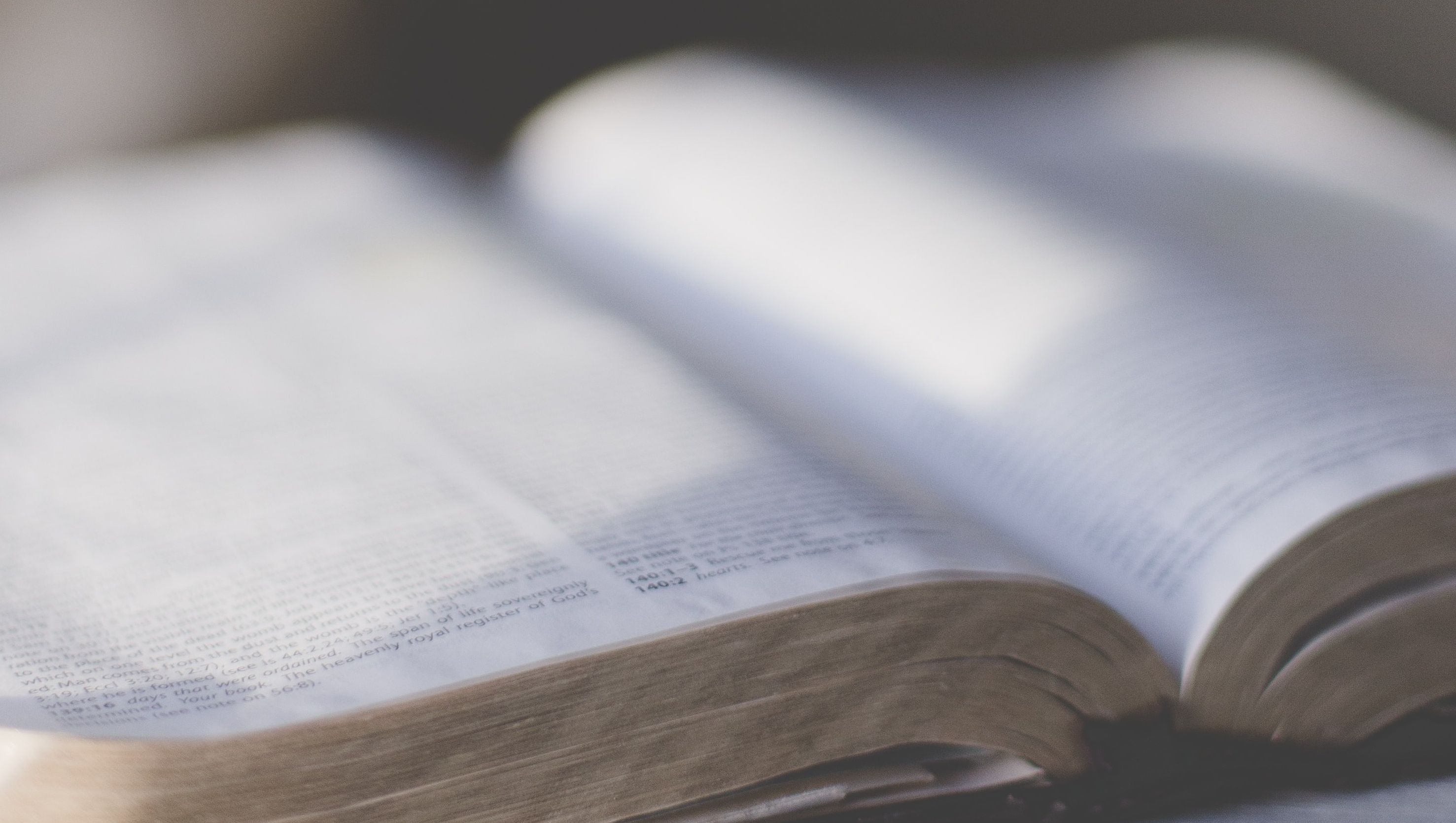 Eine aufgeschlagene Bibel liegt auf einer Oberfläche, sanft beleuchtet.